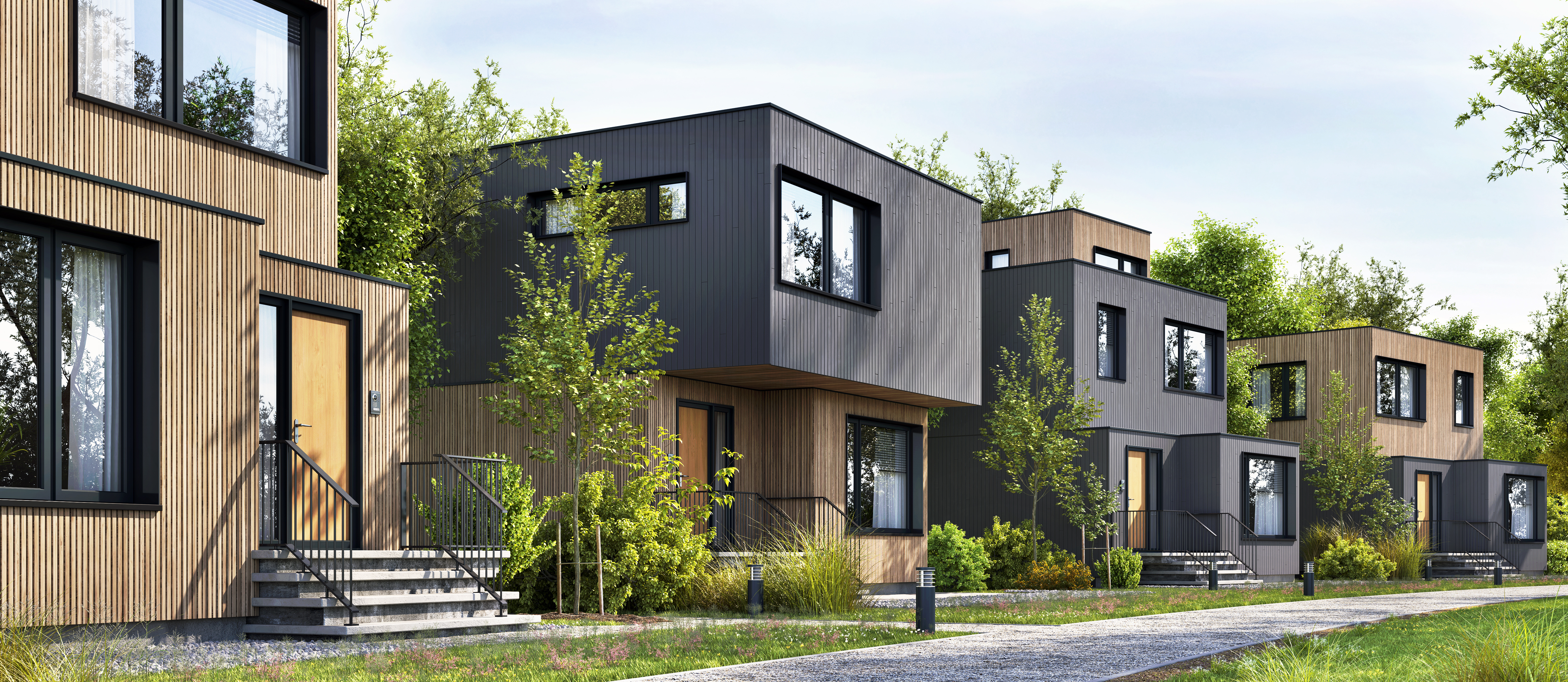 A street with modular homes in a row